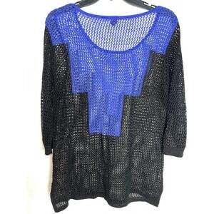 VAVA Women's Sheer Knit Blue Black Geometric Tunic Sweater Top L